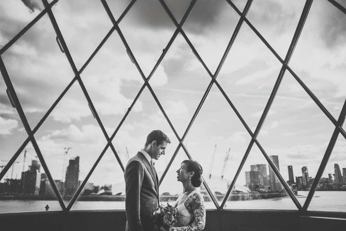 Bride and groom portrait in the lighthouse at Trinity Buoy Wharf